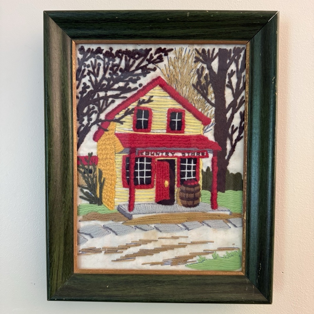 Vtg Folk Art Crewel Embroidery Country Store Framed Needlework Nina Hill 1975